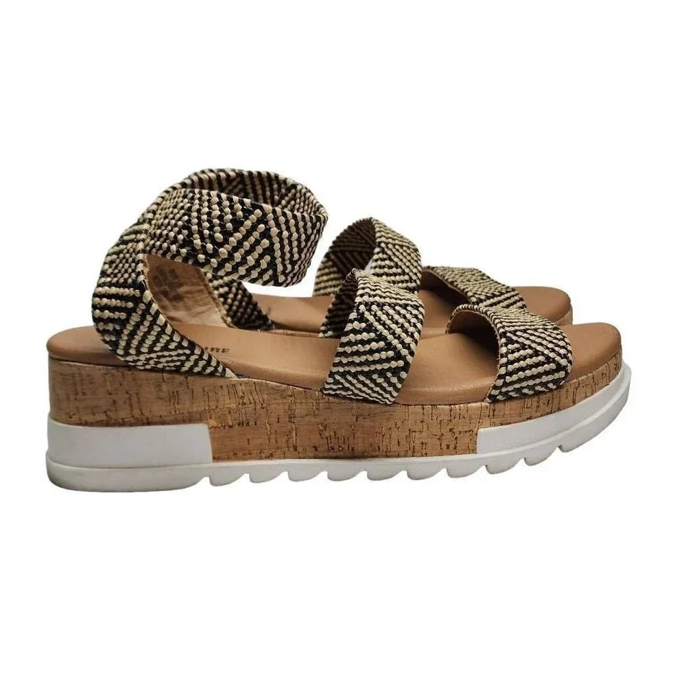 Cushionaire‎ Naomi Platform Sandal Woven Raffia Cork Wedge Black Beige 9.5M